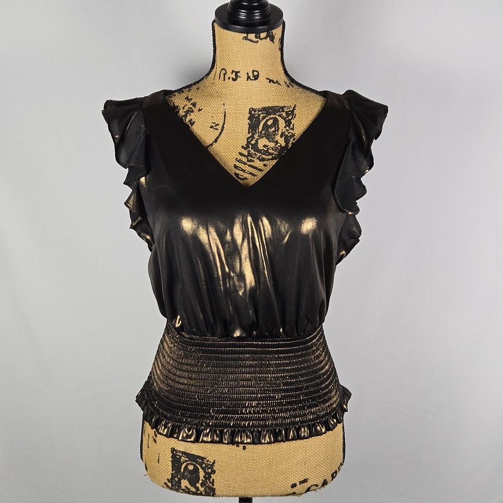 Nine West Blouse XS Metallic Gold Black Ruffle Smocked Waist Glam Party Top